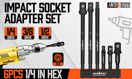 6Pc Heavy Duty Impact Driver Socket Adapter Set - Chrome Vanadium Steel with 3" & 6" Extensions for Versatile Use