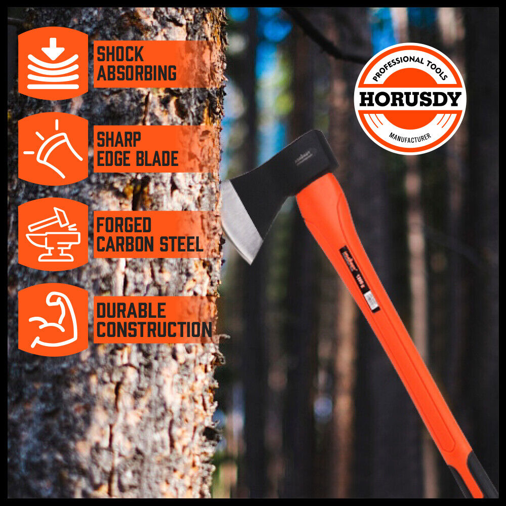 HORUSDY 797mm Long Axe with Durable Fiberglass Handle and Drop-Forged Polished Steel Head, Ideal for Camping and Timber Work