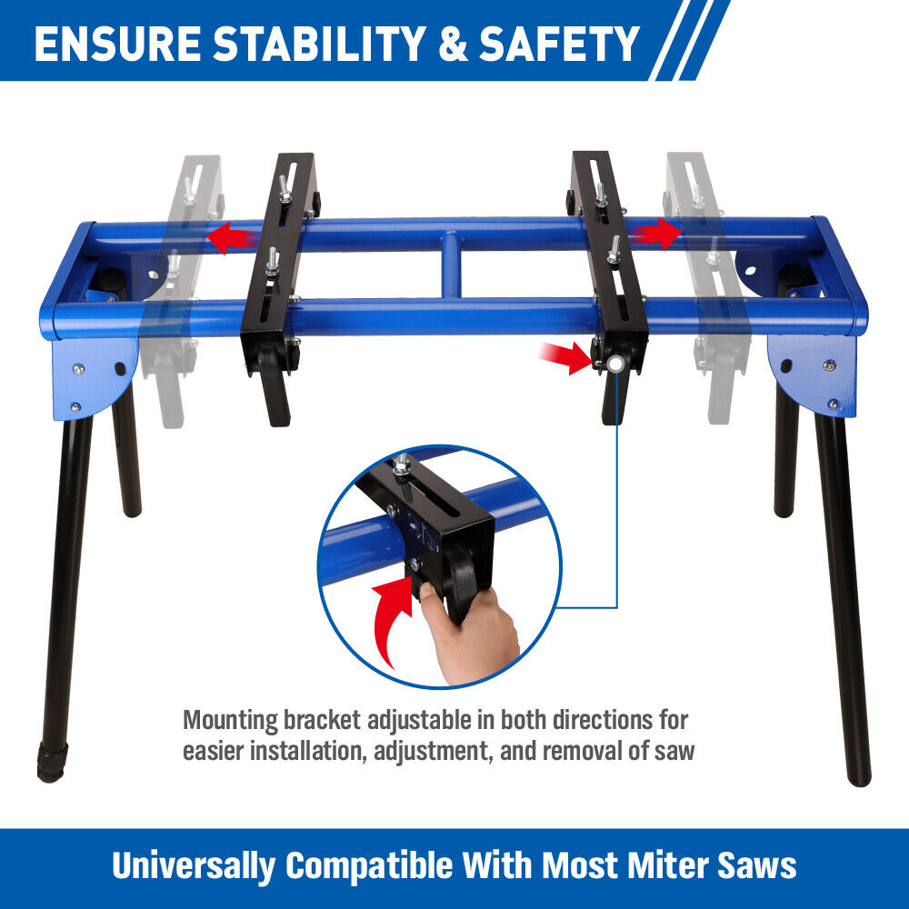 51" blue miter saw stand with durable one-piece mounting brackets and a sliding rail design, supporting up to 300lbs, easy to fold and transport.