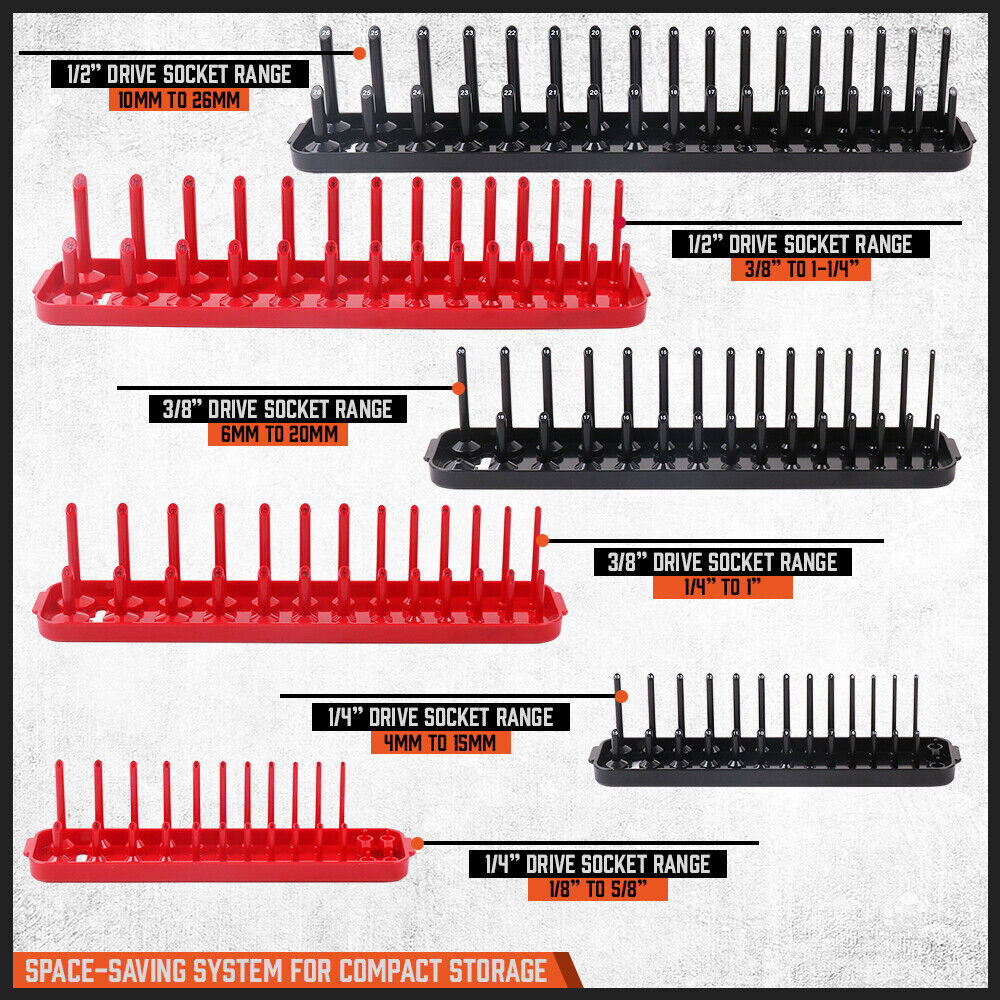 6-Piece Metric and SAE Socket Organizer Tray Set for Efficient Tool Storage in Garage, Fits 1/4", 3/8", 1/2" Drives