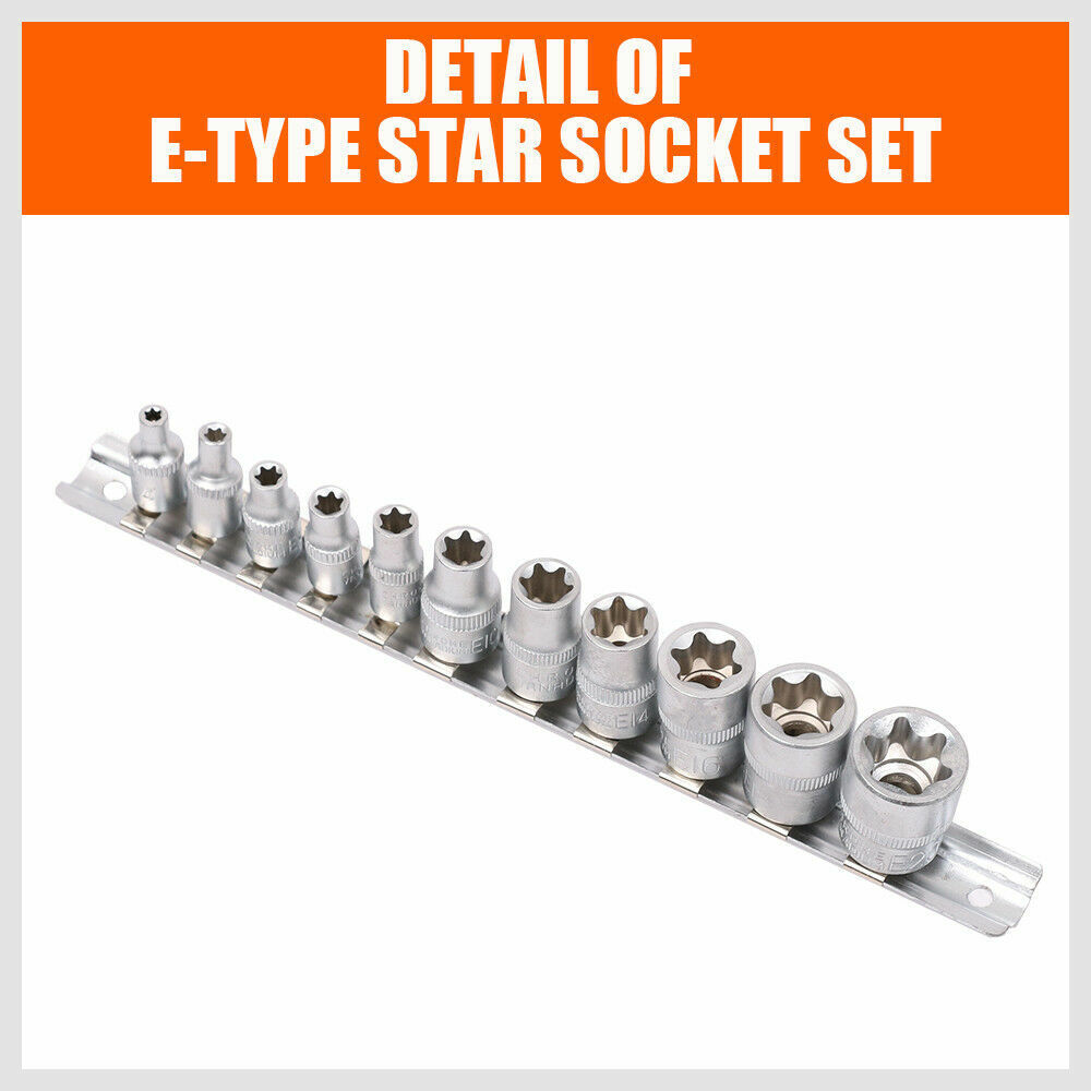 Complete 11-Piece E Type Torx Socket Set with E4-E20 Sizes, 3/8" and 1/4" Drive, and Storage Rail Included