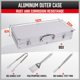 Complete 18-piece BBQ tool set crafted from durable stainless steel, including spatula, tongs, skewers, and more, housed in a sleek aluminum case