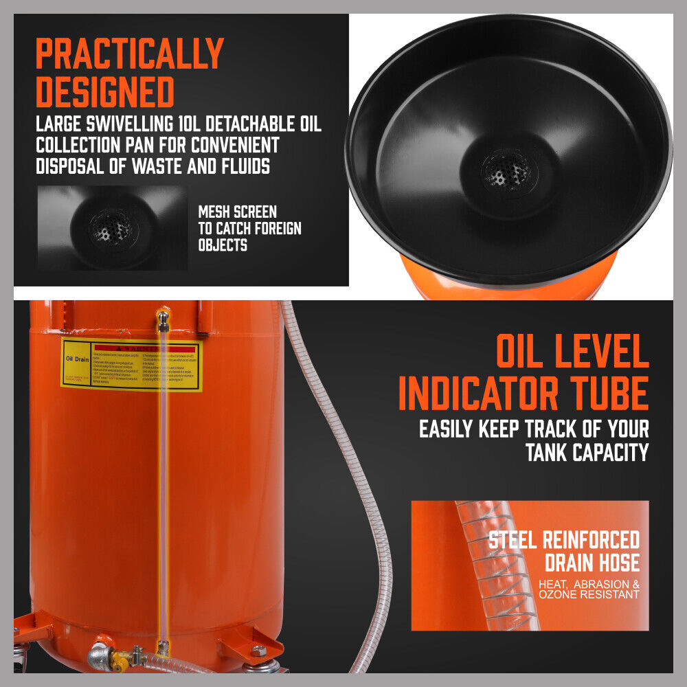 HORUSDY 80L Pneumatic Waste Oil Drainer, 98-165cm Adjustable Height, 10L Funnel, Air Pressure Operated, with Wheels for Workshop Oil and Fluid Transfer