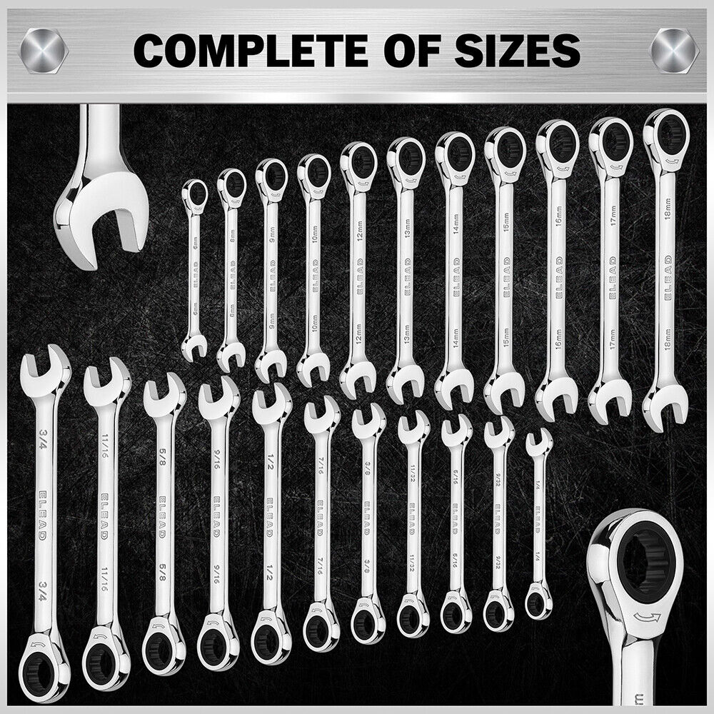 ELEAD 33-piece ratchet wrench set with various SAE and metric sizes, featuring a durable case, Phillips and slotted bits adapter for versatile use.