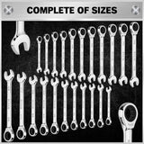 ELEAD 33-piece ratchet wrench set with various SAE and metric sizes, featuring a durable case, Phillips and slotted bits adapter for versatile use.