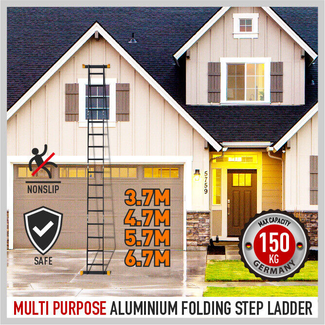 Premium aluminum multi-purpose folding ladder transforms from 3.7M to 6.7M stepladder, stairway ladder, extension ladder and scaffold platform.