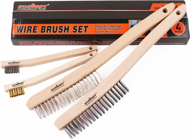 Set of 4 wire brushes with different sizes and materials, including stainless steel and brass, designed for rust removal and cleaning metal surfaces without scratching