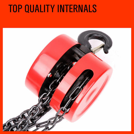Heavy-duty 2 ton block and tackle with a 2.5M lifting chain, featuring 360-degree swivel hooks and automatic brake for secure hoisting