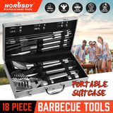 Complete 18-piece BBQ tool set crafted from durable stainless steel, including spatula, tongs, skewers, and more, housed in a sleek aluminum case