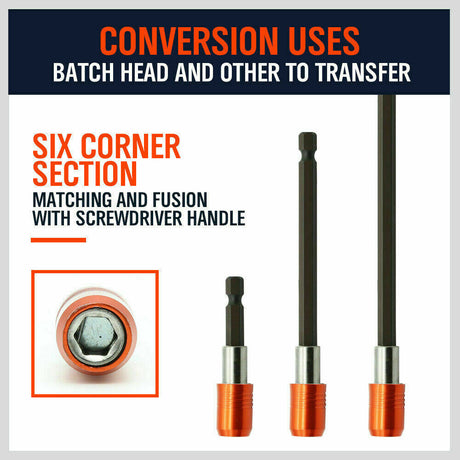 Set of 3 magnetic screwdriver bit extensions with anti-slip holders, featuring 1/4" hex shank compatible with all drills.