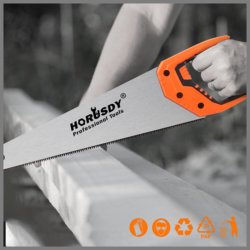 16-inch robust hand saw with triple-ground and induction-hardened teeth, designed for efficient cutting of wood, plastic, and PVC, measuring 505mm in length with an ergonomic handle