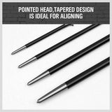 Set of four heavy-duty pry bars in various sizes, crafted from drop-forged hardened steel with a durable baked enamel finish. Each bar features a slim tapered end with a fine point tip for aligning parts and a rolling head hook end for enhanced leverage