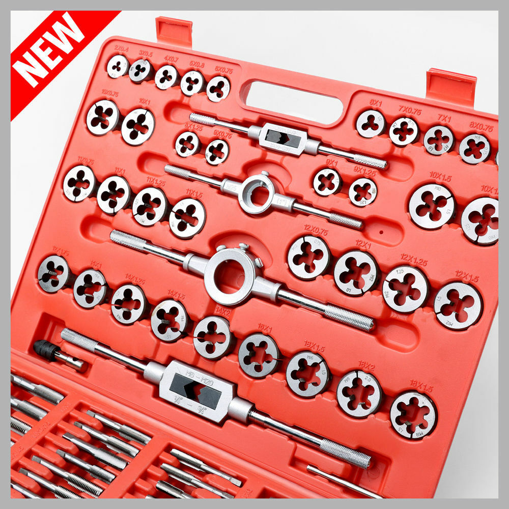 Complete HORUSDY 110-Piece Metric Tap and Die Set made of Durable Tungsten Steel, featuring Various Sizes for Screw Threading and Cutting, with Sturdy Storage Case