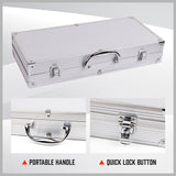 Complete 18-piece BBQ tool set crafted from durable stainless steel, including spatula, tongs, skewers, and more, housed in a sleek aluminum case