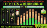 SWANLAKE 15-meter Fiberglass Push Pull Rods Set, featuring threaded brass connectors and various head attachments. Ideal for electricians and contractors for routing cables through walls, attics, and ceilings. Includes a flexible search head, eyelet heads, a brass hook head, and a magnetic head for versatile wiring applications