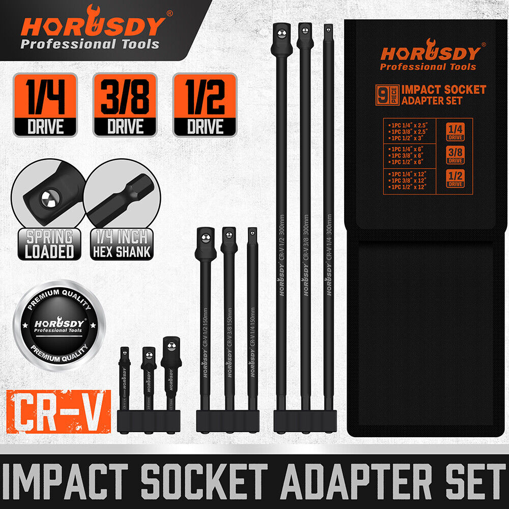 HORUSDY 9-Piece Extension Bar Set for 1/4", 3/8", 1/2" Drives, Extra Long, Chrome-Vanadium Steel, Black Phosphate Finish, Including Storage Bag