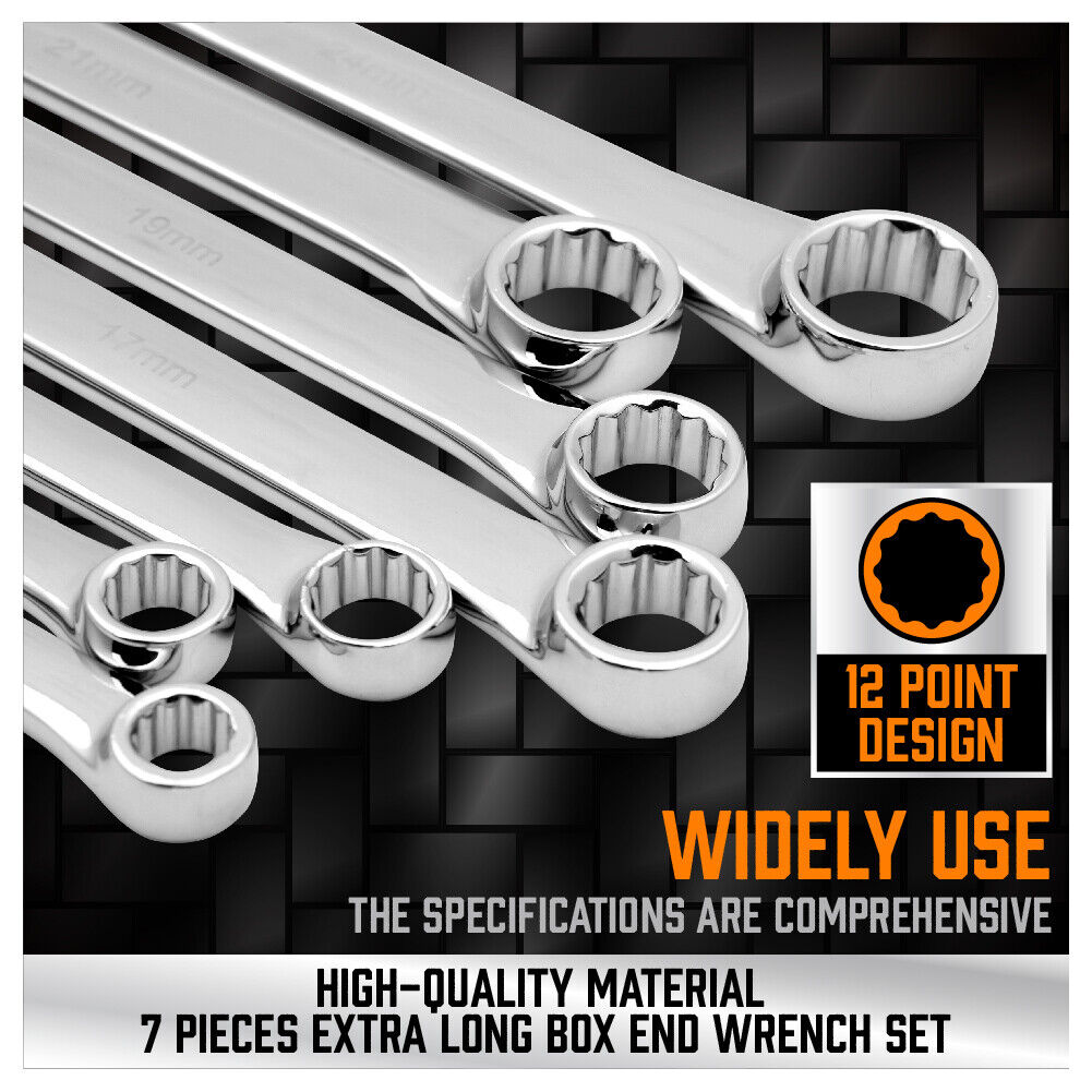 High-Quality 7-Piece Aviation Double Ring Spanner Set - Includes Extra Long Wrenches from 10 to 24mm, Durable Chrome Vanadium Construction with Storage Case
