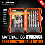 Comprehensive 45-Piece HSS Drill Bit Set, including 15 Metal, 15 Wood, and 15 Concrete Drill Bits in Various Sizes, with a Sturdy Carrying Case