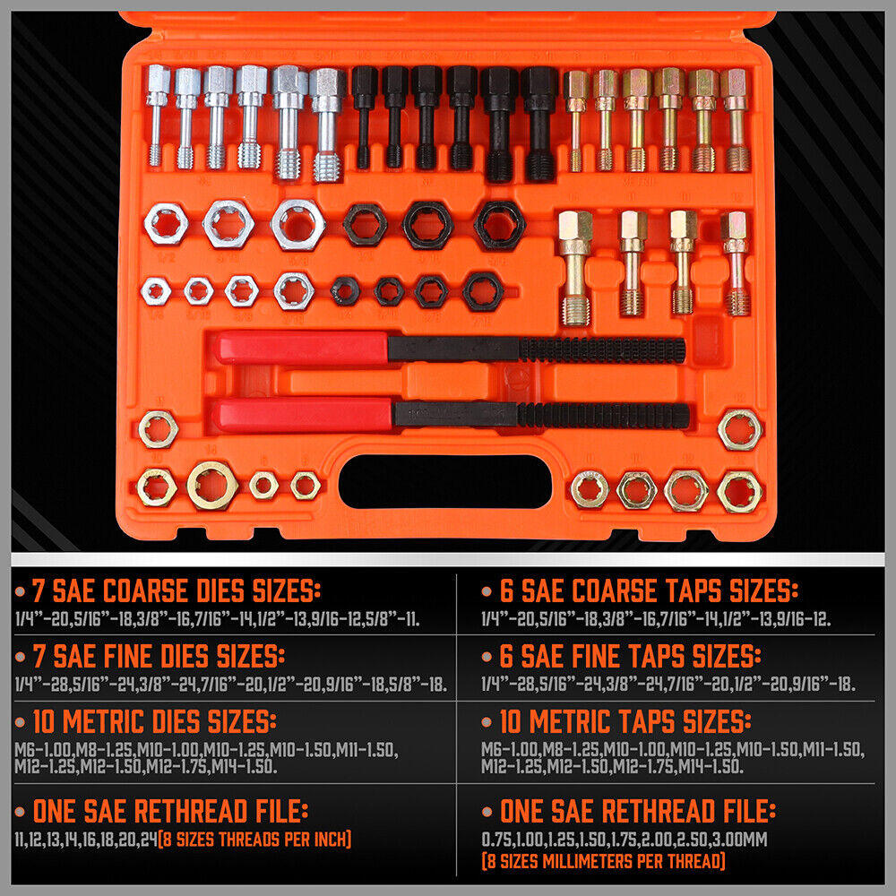 Comprehensive 48-Piece SAE and Metric Thread Restorer Kit with various taps, dies, files, and rethreading tools for fractional metric thread repair, neatly packed in a blow mold case.