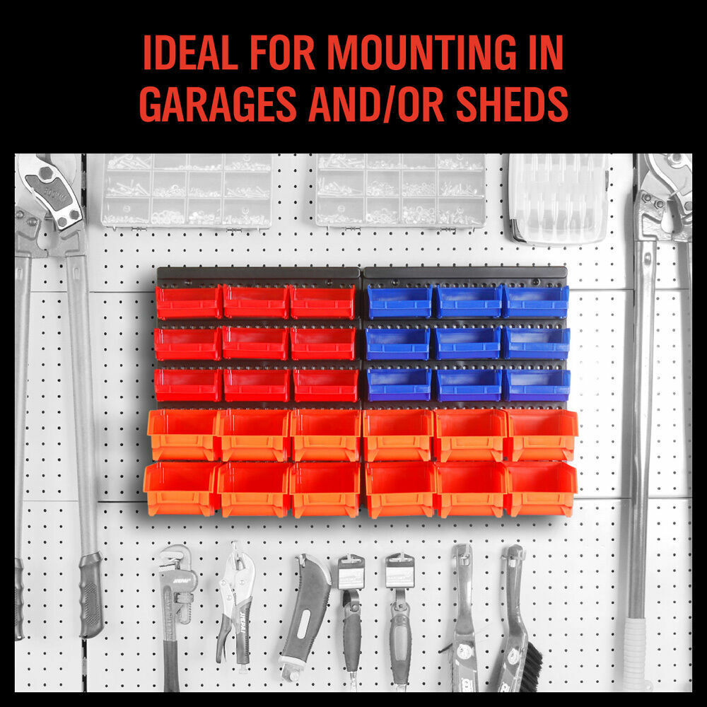 Wall-mounted storage bins rack with 30 durable bins in various colors for organized workshop and garage storage.