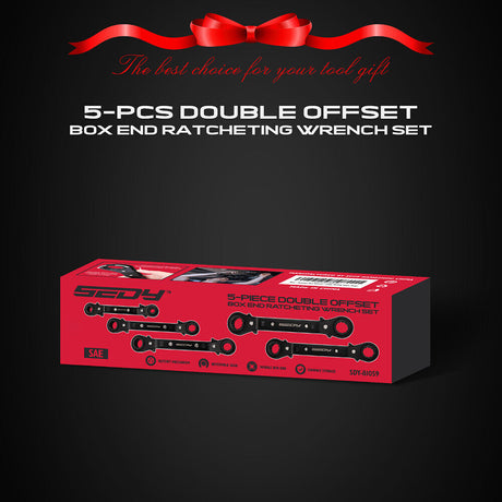 SEDY 5Pc SAE Ratchet Wrench Set - Offset Double End with 72 Tooth Ratchet, Matte Chrome Finish
