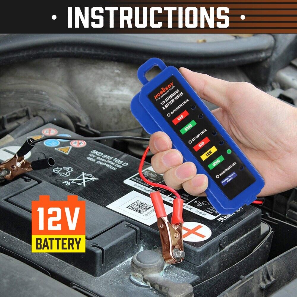 Compact Digital 12V Alternator Battery Tester - Features 6 LED Display and Testing Clips for Cars and Motorcycles