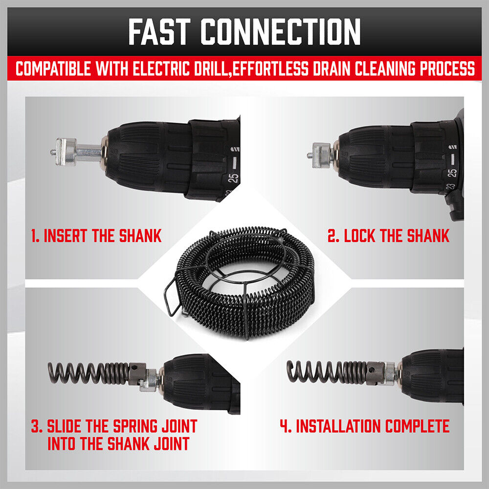 HORUSDY 12-Meter Drain Snake Pipe Cleaner with 6 Interchangeable Heads, Rust-Proof, and Anti-Corrosion, for Efficient Sewer Cleaning