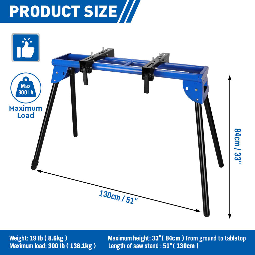 51" blue miter saw stand with durable one-piece mounting brackets and a sliding rail design, supporting up to 300lbs, easy to fold and transport.