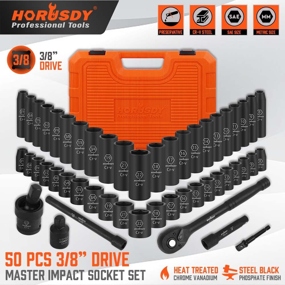 Comprehensive 50Pc 3/8" Impact Socket Set with Ratchet, Extensions, Metric & SAE Sizes, Durable Case Included