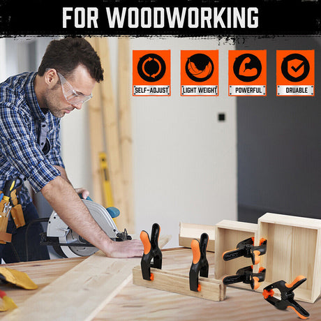 Pack of 4 HORUSDY 7-inch black nylon spring clamps with orange non-slip TPR handles and reinforced glass fiber construction for secure clamping.