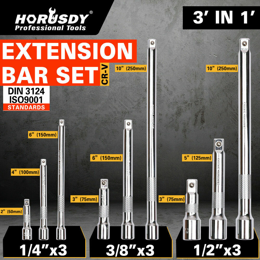 Durable 9-Piece Extension Bar Set with 1/4", 3/8", 1/2" Drive Sizes - Chrome Vanadium Steel, Spring-Loaded Ball Detent