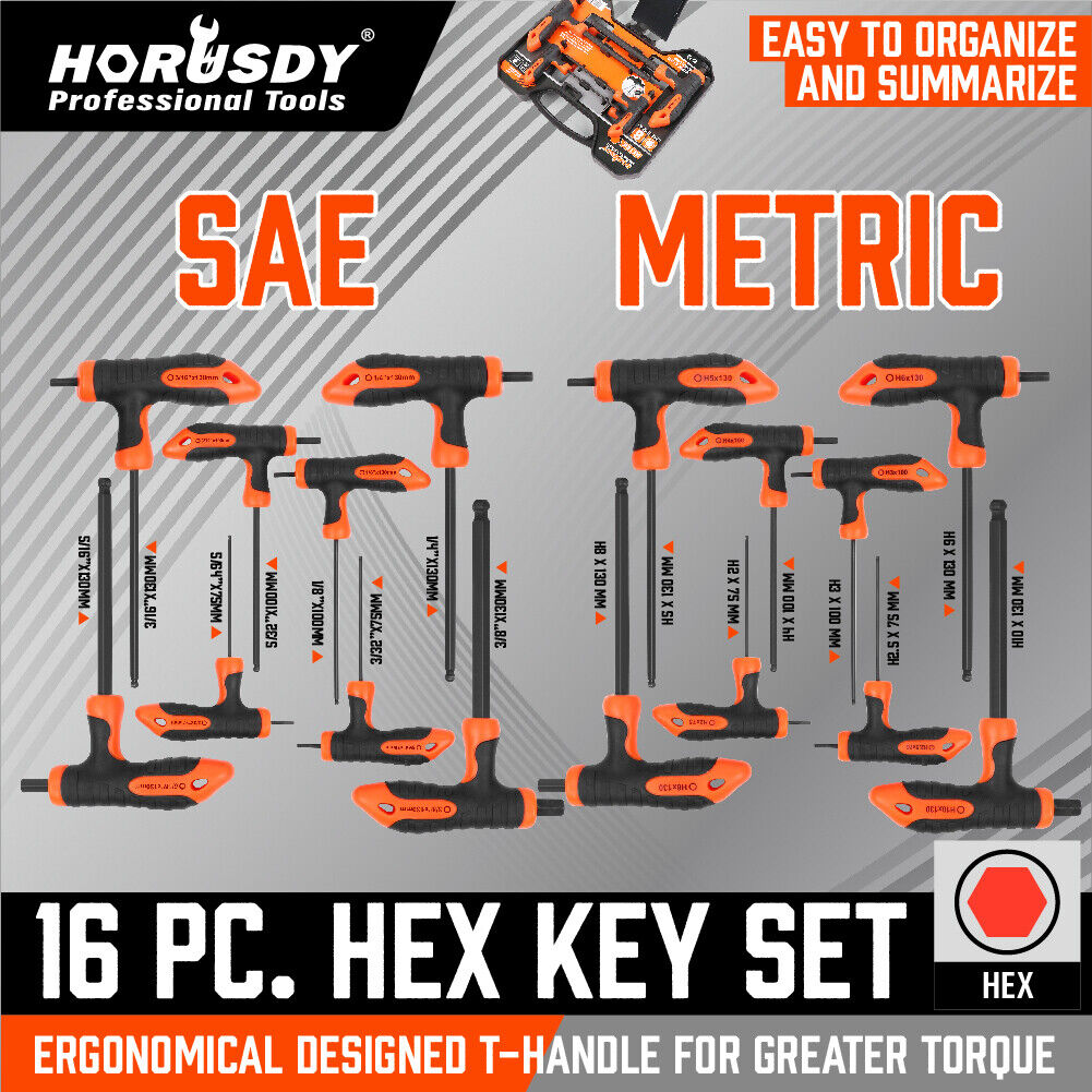 16-piece set of T-handle hex wrenches with ball ends, metric and imperial sizes, featuring ergonomic grips for comfortable use