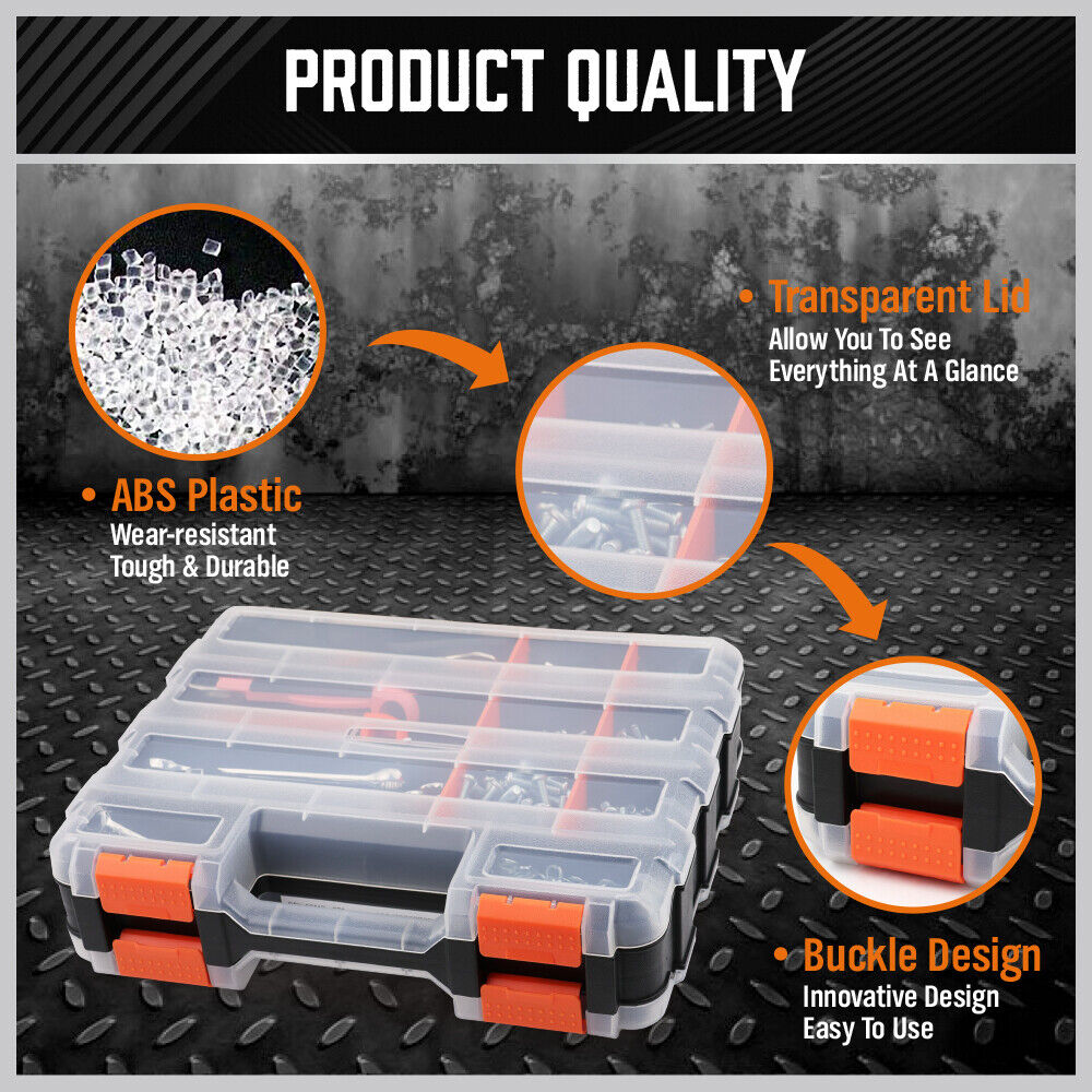 HORUSDY Double-Sided Tool Box with 34 Compartments, Removable Dividers, and Durable Impact-Resistant Design