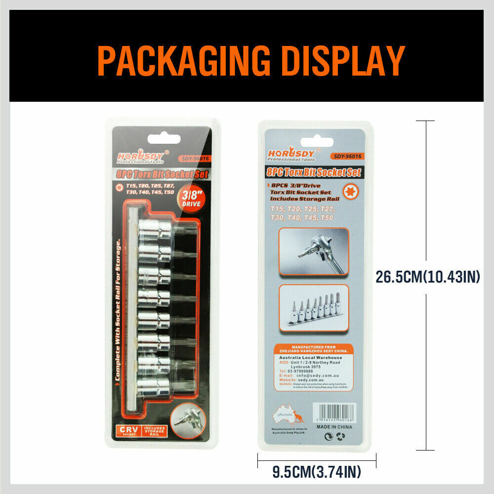 Durable 8-Piece Torx Bit Socket Set with Sizes T15-T50 - 3/8" Drive, Tamper Proof, Chrome Vanadium Steel, Includes Rail Holder