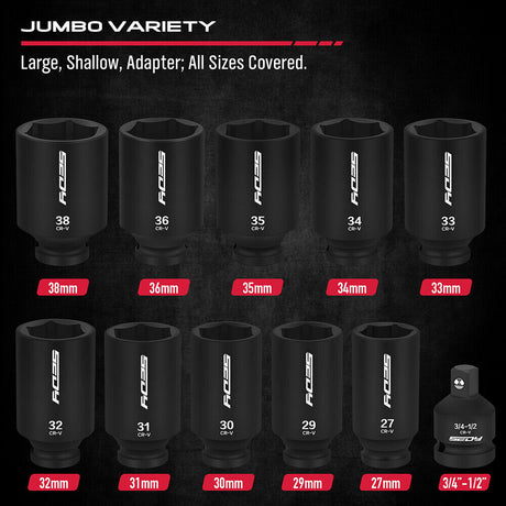 SEDY 11Pcs Metric Deep Impact Socket Set with Adapter for High-Torque Wheel Axle Nut Wrench Tasks