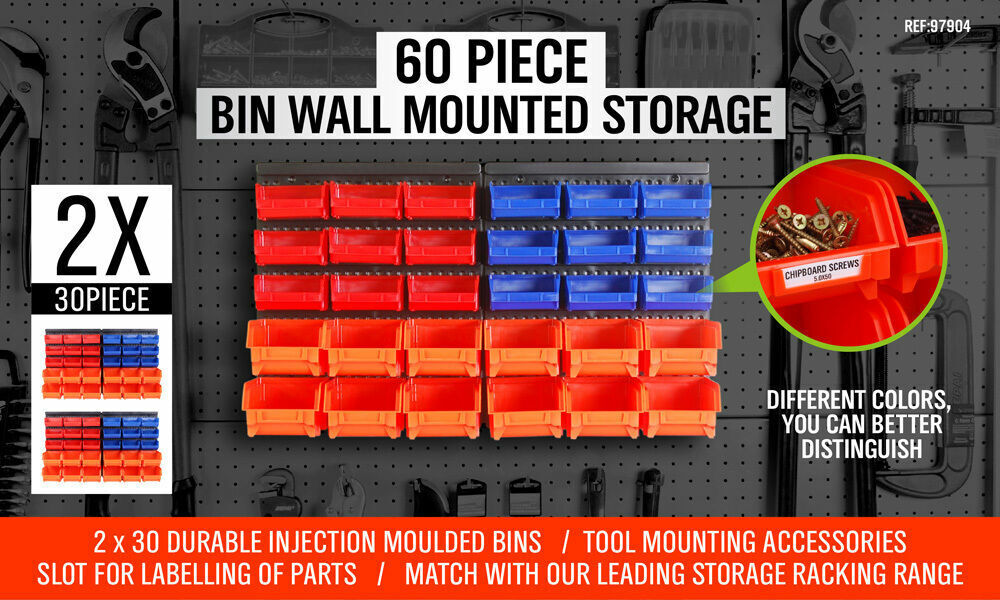 60Pc Tool Storage Bins Parts Box Shed Organiser & 2 Wall Moun
