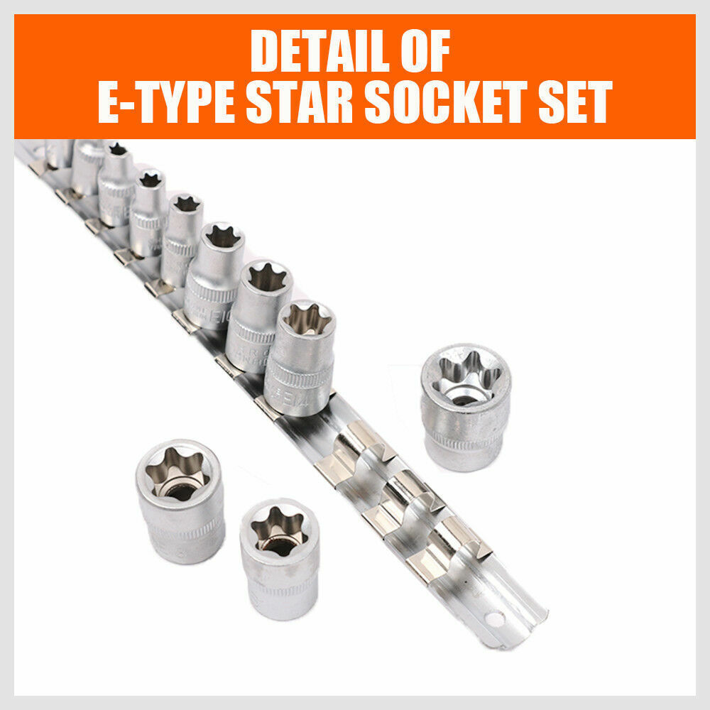 Complete 11-Piece E Type Torx Socket Set with E4-E20 Sizes, 3/8" and 1/4" Drive, and Storage Rail Included