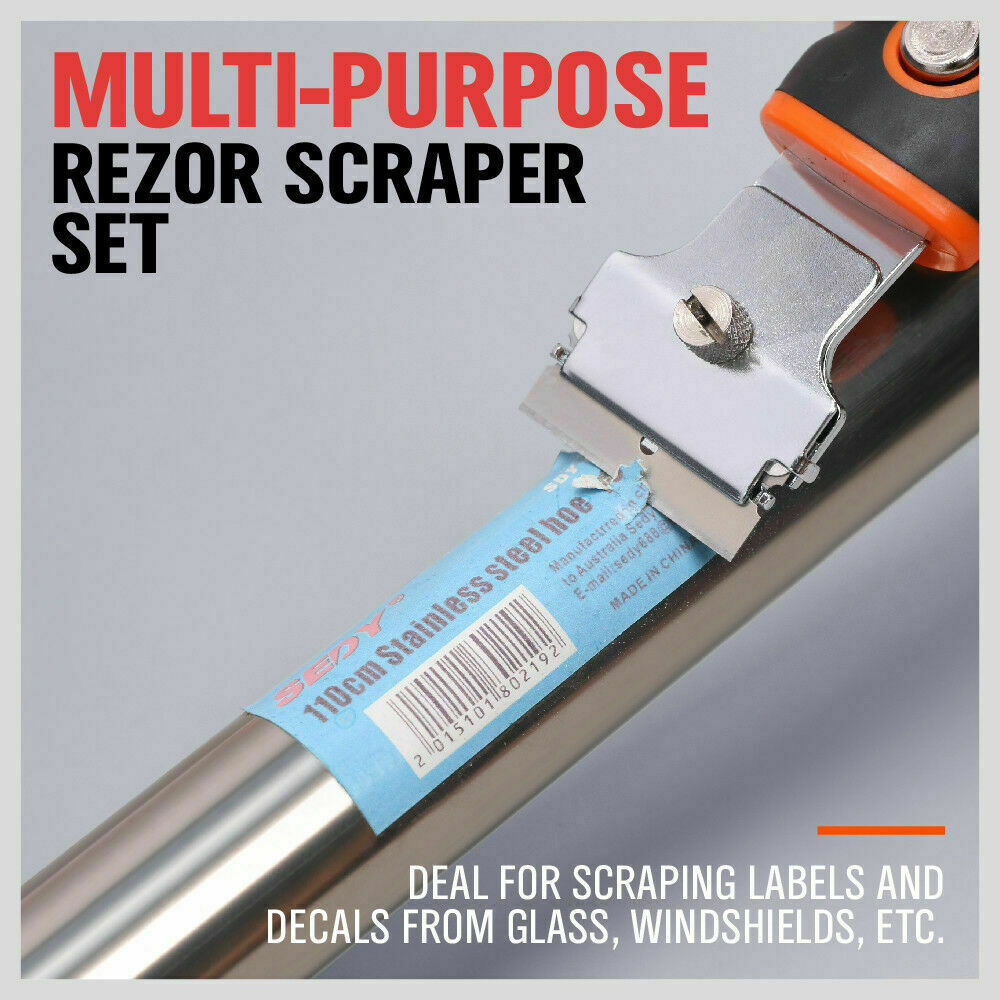 Multi-purpose razor scraper set with TPR handles and replacement blades for glass and decal cleaning.