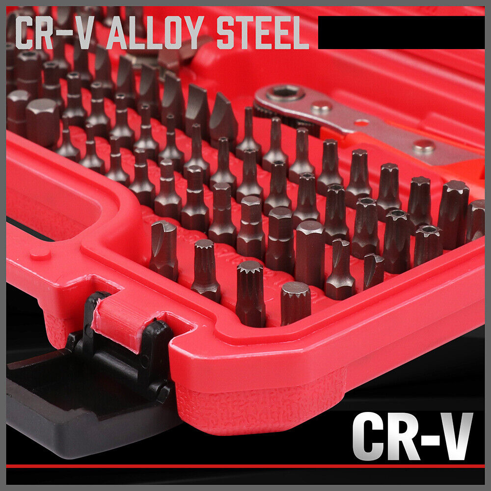 112PC Security Bit Set - Durable CRV steel, versatile set, ratcheting wrench, comprehensive bit types, convenient storage.