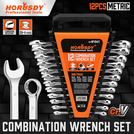 HORUSDY 12-Piece Metric Spanner Set, Chrome-Plated, Durable, Wear-Resistant, 8-19mm, Open & Ring Ended Wrenches, with Convenient Storage Clip