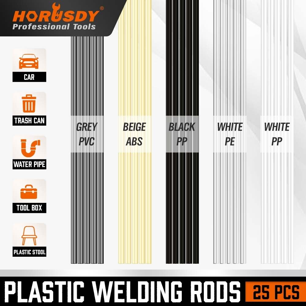 HORUSDY 25-Piece Plastic Welding Rods Set, featuring ABS, PP, PVC, and PE materials, suitable for Bumper Repairs and Versatile Plastic Welding Applications