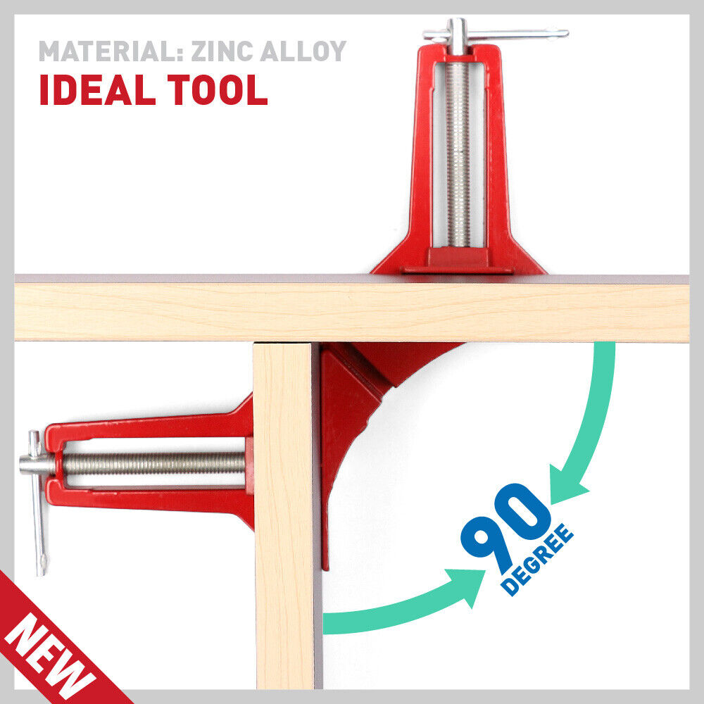 Set of 4 durable 90-degree corner clamps made of zinc alloy with steel screws, perfect for holding joints in woodworking and frame assembly