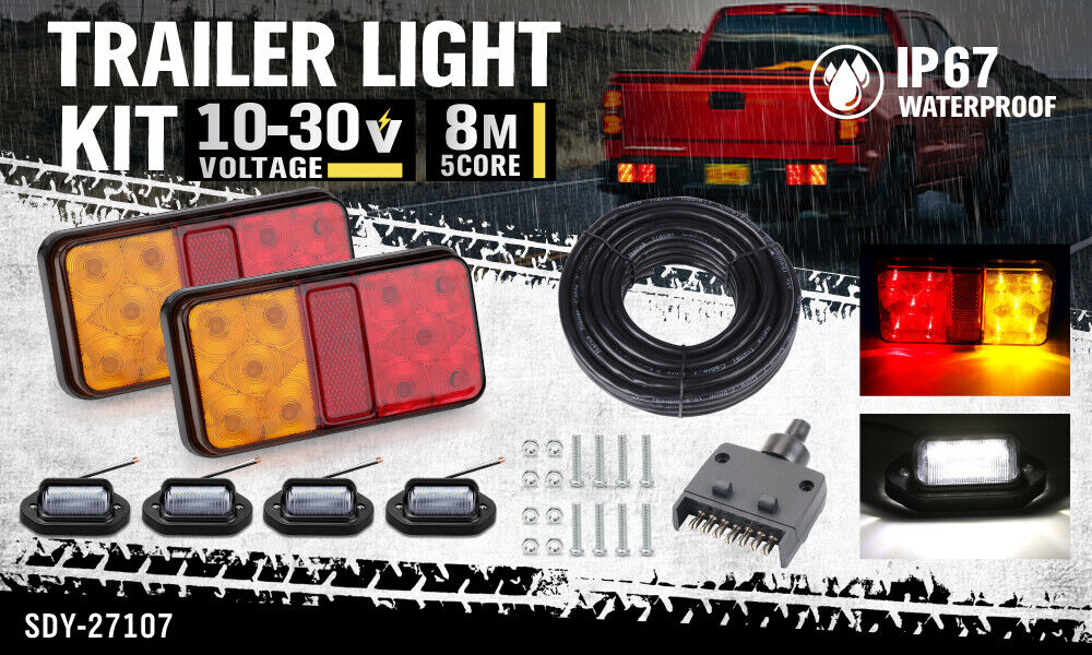 LED Trailer Tail Light Kit for Caravan Ute 7 Pin Flat Plug - Brake, Tail, Turn Signal, Reflector Lights