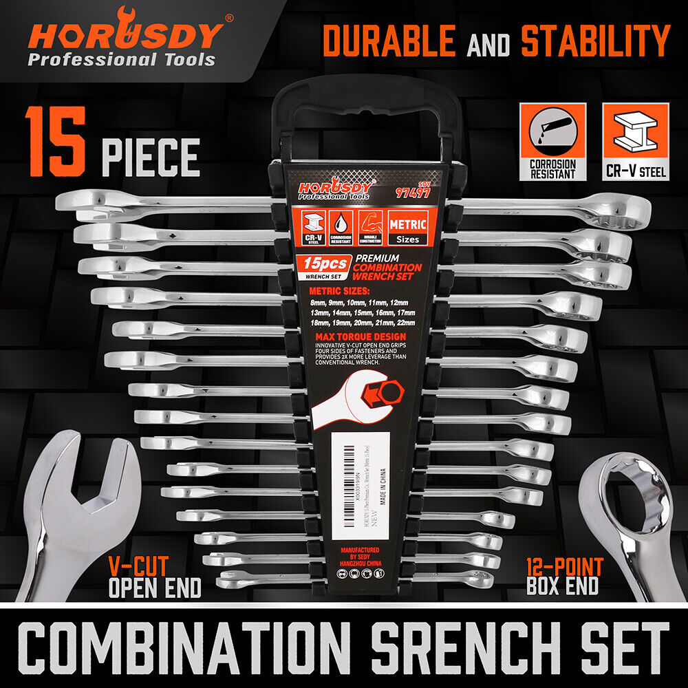 HORUSDY 15-Piece Metric Combination Spanner Set, CRV Silver, Chrome Vanadium Steel, Heat Treated, Nickel Chrome Plated, Sizes 8-22mm