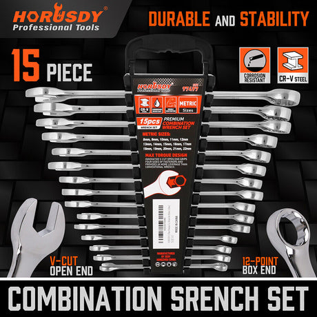 HORUSDY 15-Piece Metric Combination Spanner Set, CRV Silver, Chrome Vanadium Steel, Heat Treated, Nickel Chrome Plated, Sizes 8-22mm