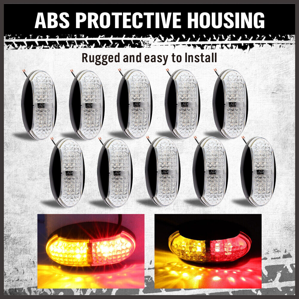 Set of 10 LED Clearance Side Marker Lights featuring ultra-bright red and yellow LED lamp beads, ideal for trucks, trailers, and caravans. Made of durable ABS and PC, shock and water-resistant, with low power consumption and easy installation.