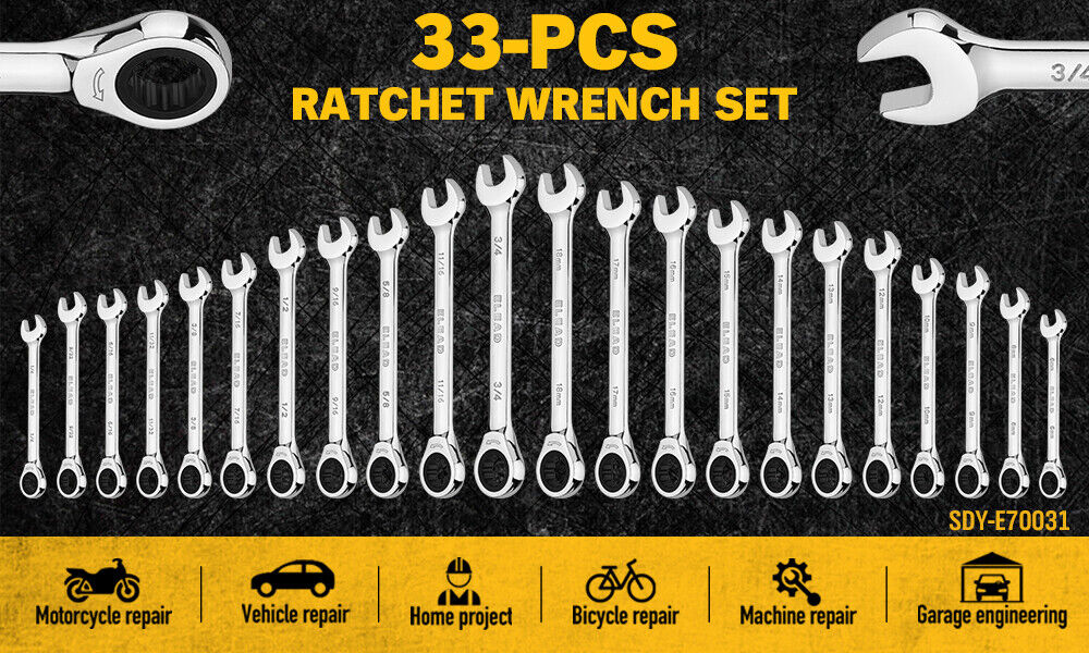ELEAD 33-piece ratchet wrench set with various SAE and metric sizes, featuring a durable case, Phillips and slotted bits adapter for versatile use.