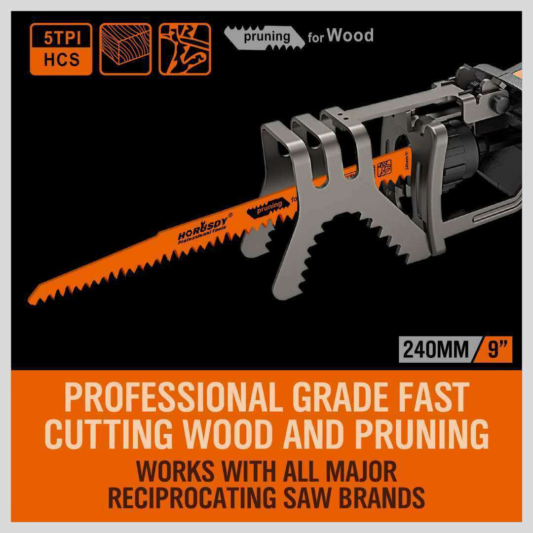 Set of 5 Durable 9-Inch Reciprocating Saw Blades - 5TPI Carbon Steel for Wood Cutting, Compatible with Major Brands, Includes Case