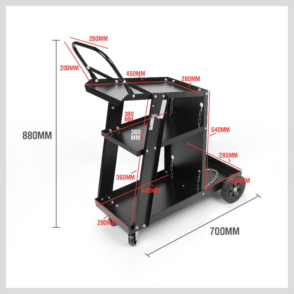 Sturdy 3-Tier Welding Trolley with Gas Tank Storage, Twin Tank Chains, and Solid Rubber Wheels