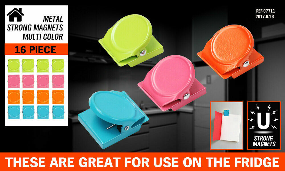 Colorful set of 16 magnetic spring clamps in green, pink, orange, and blue, perfect for holding notes on refrigerators or metal surfaces